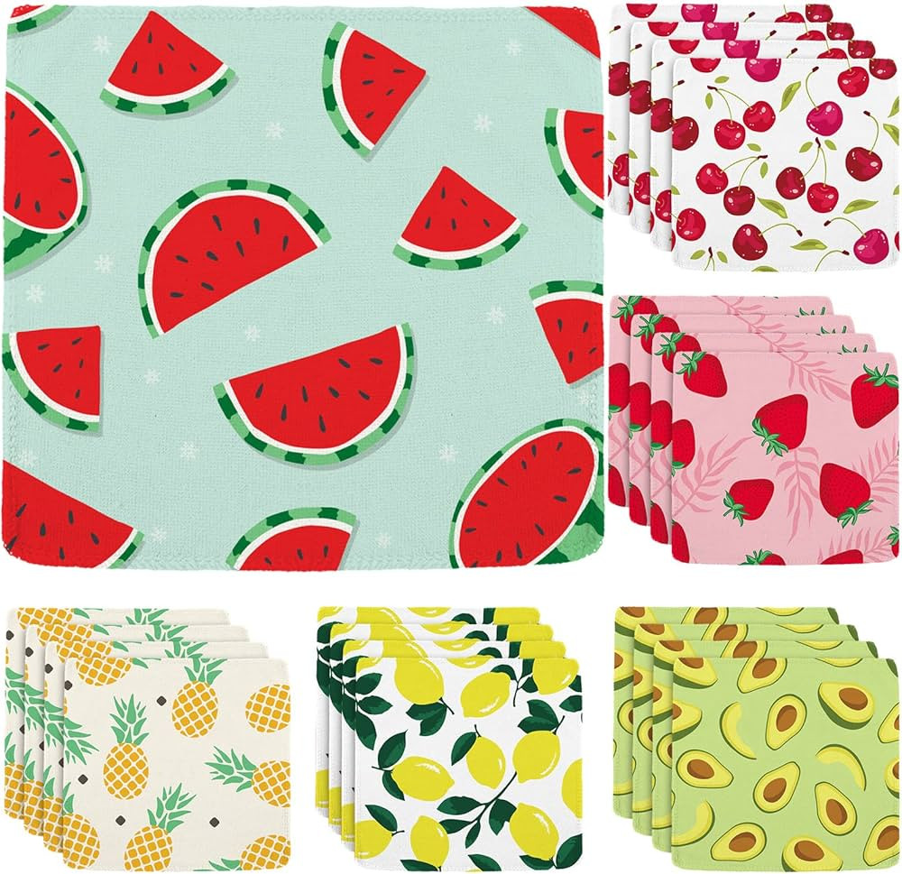 Hosuly 24 Pcs Fruit Reusable Cloth Napkins for Kids 7.87 x 7.87 Inch,6 Style Summer Party Napkins Washable Dinner Cloth Soft Cute Table Microfiber Fabric Napkins for Family School Lunch | Amazon (US)