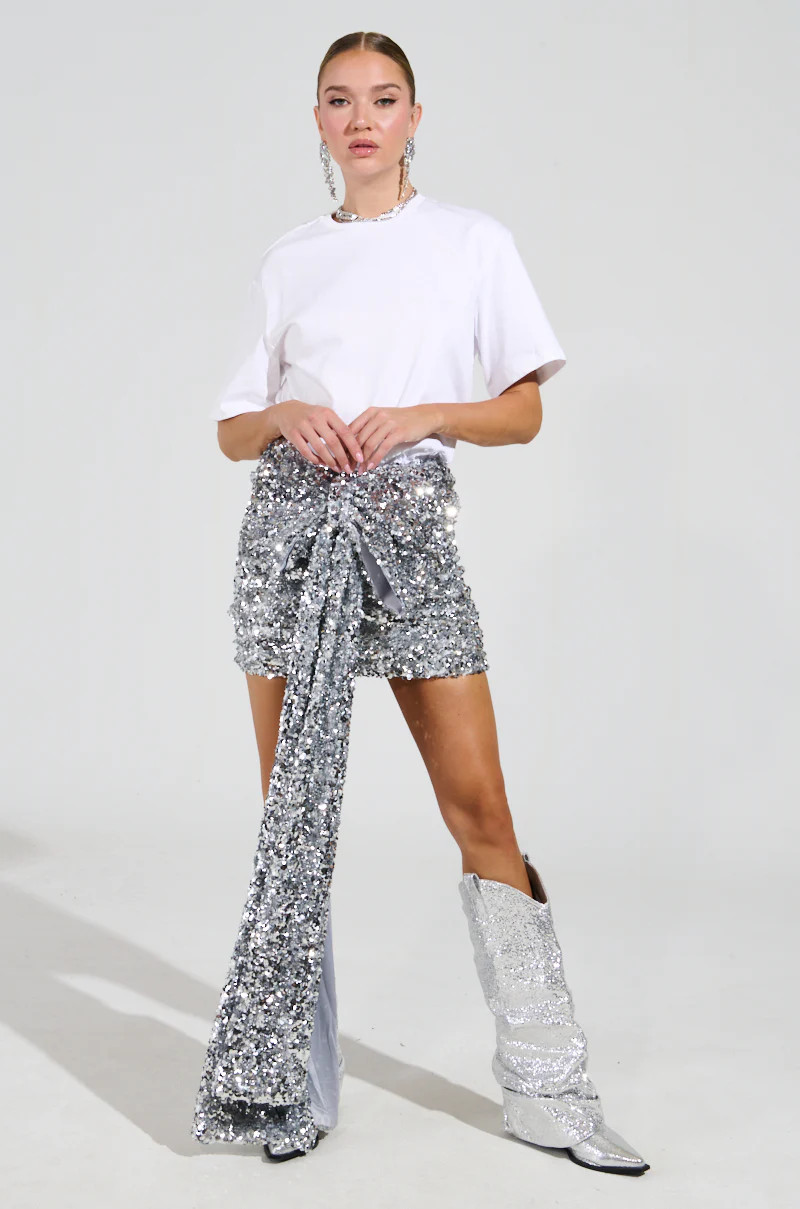 COOLEST AT THE PARTY SEQUIN SHIRT DRESS WITH BOW | AKIRA