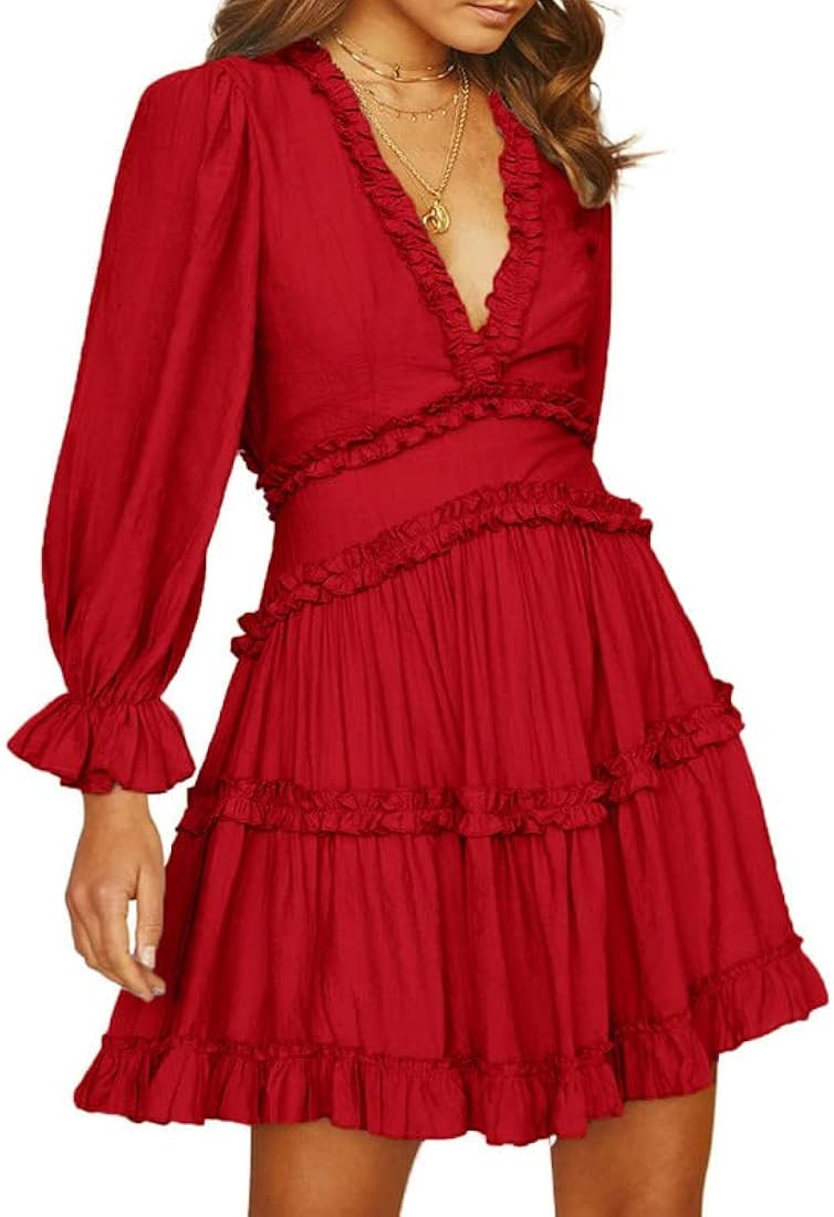 Dokotoo Womens 2024 Summer Spring Dress | Deep V Neck Ruffle, Long Sleeve, Open Back Flowy, Mini | Amazon (US)