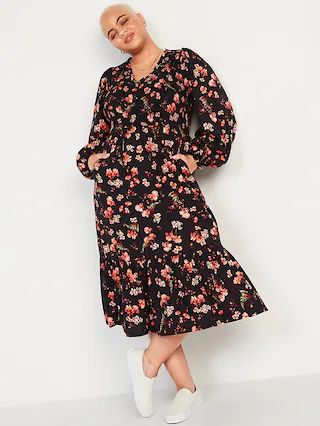 Long-Sleeve Fit &#x26; Flare Smocked Midi Dress for Women | Old Navy (US)