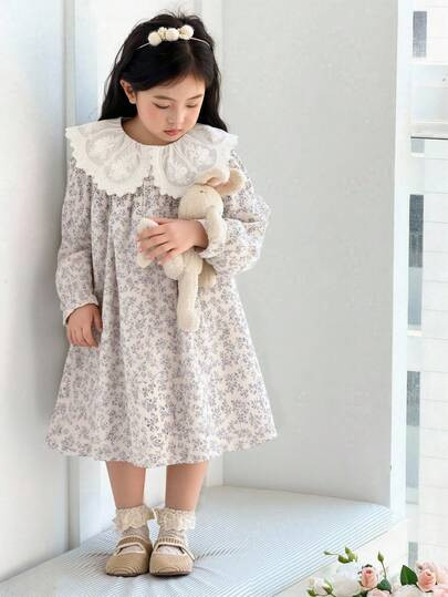 SHEIN Genkimix Kids 1pc Girls Young Girl Ditsy Floral Loose Fit Long Sleeve Dress, Elegant Collar... | SHEIN