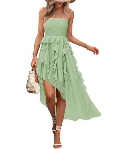 ZESICA Women's 2025 Summer Strapless Mini Dress Off Shoulder Smocked Tiered Ruffle Beach Vacation Tube Sundress,Green,X-Large | Amazon (US)
