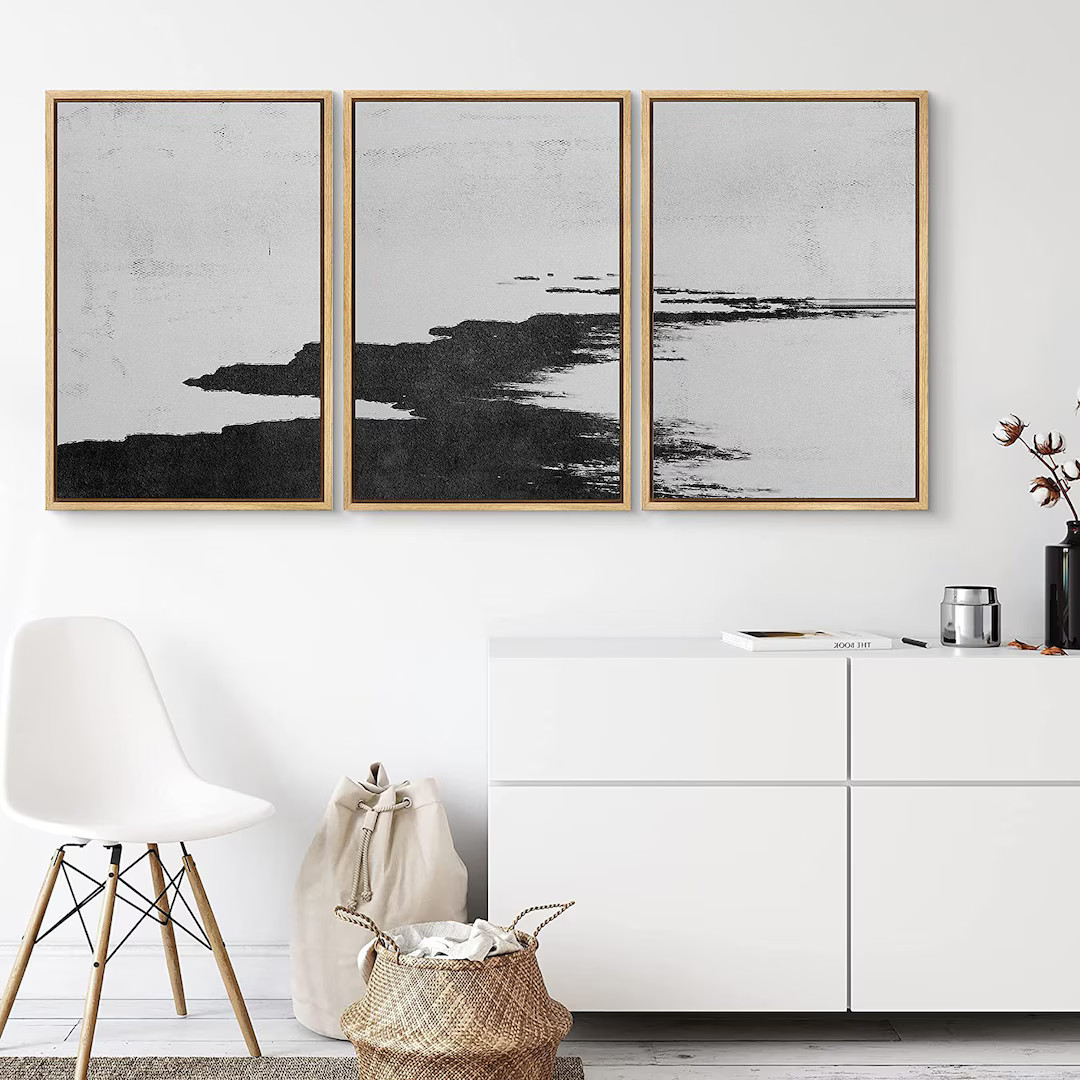 SIGNWIN 3 Piece Framed Canvas Wall Art Black and White Abstract Bold Strokes Canvas Prints Minima... | Etsy (US)