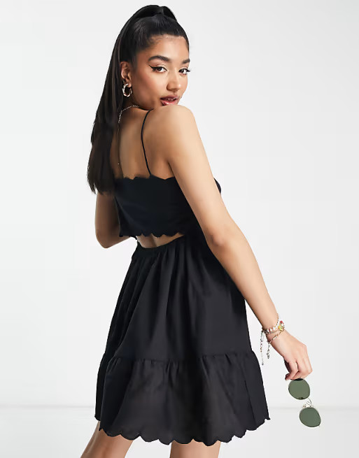 ASOS DESIGN scallop edge cut out back mini sundress in black | ASOS (Global)