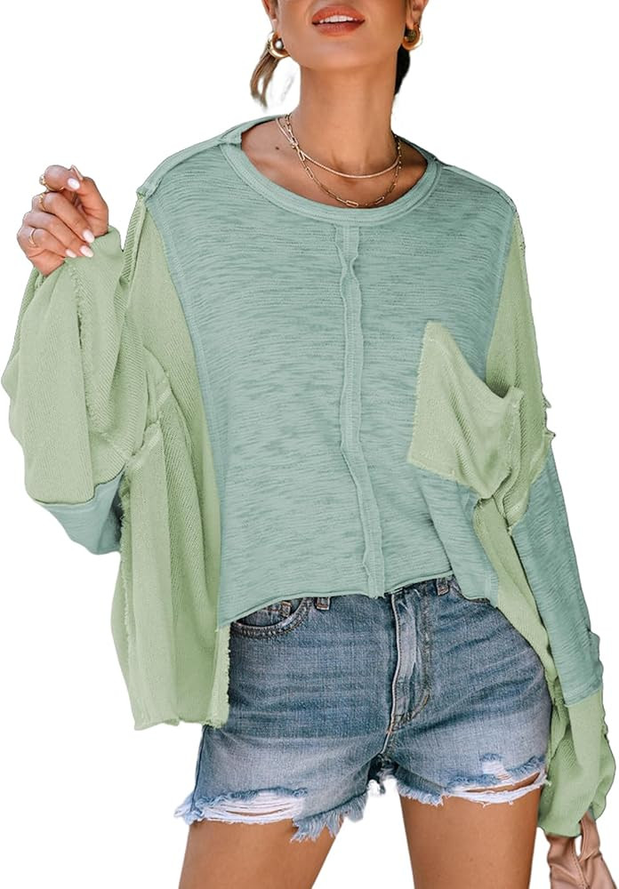 Women's Exposed Seam Chest Pocket Loose Sleeve Oversized Tunic Top Casual Solid Patchwork Long Sl... | Amazon (US)