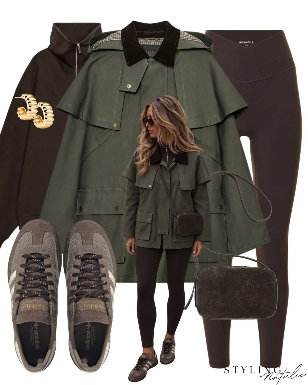 Green barn jacket, brown leggings, zip up sweatshirt, crossbody bag, gold hoop earrings and tweed Adidas Spezial trainers mix.
Autumn outfit, fall look, parka, jacket and coat, outerwear, everyday casual look @Zara @Mejuri

#LTKautumn #LTKeurope #LTKuk