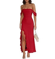 Caracilia Womens Summer Off The Shoulder Formal Bodycon Maxi Dresses High Slit Ruffle Hem Mesh We... | Amazon (US)