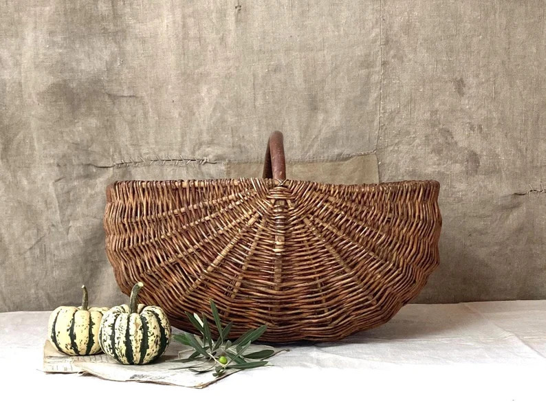 Vintage French, Large Rustic Basket, Campaign Basket Handmade. - Etsy | Etsy (US)