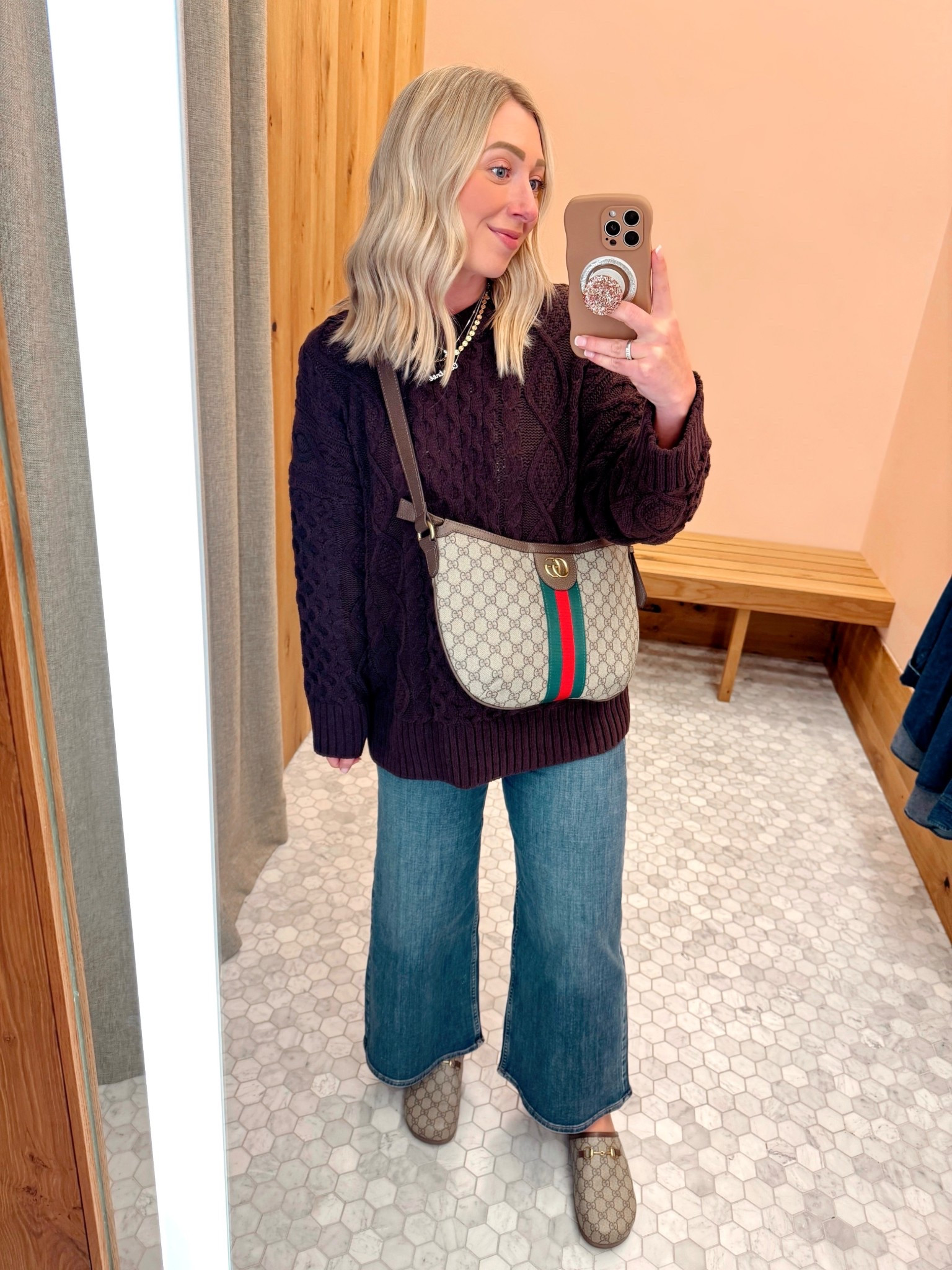 I’m not sure what I did to deserve the fitting room with a mirror inside it at Aritzia 👏🏻 but I have to admit, I guarantee people would buy more with the mirror IN THE FITTING ROOM! 🙃 (Like I did) Wore this casual outfit for lunch today! 💁🏼‍♀️ Shop it via the 🔗 in my bio! 

Small sweater, size 27 jeans (mine are the cropped version of the ones linked) 

Casual outfits, cable knit sweater, jeans, Gucci, petite outfits 

#LTKFindsUnder100 #LTKPetite #LTKSaleAlert