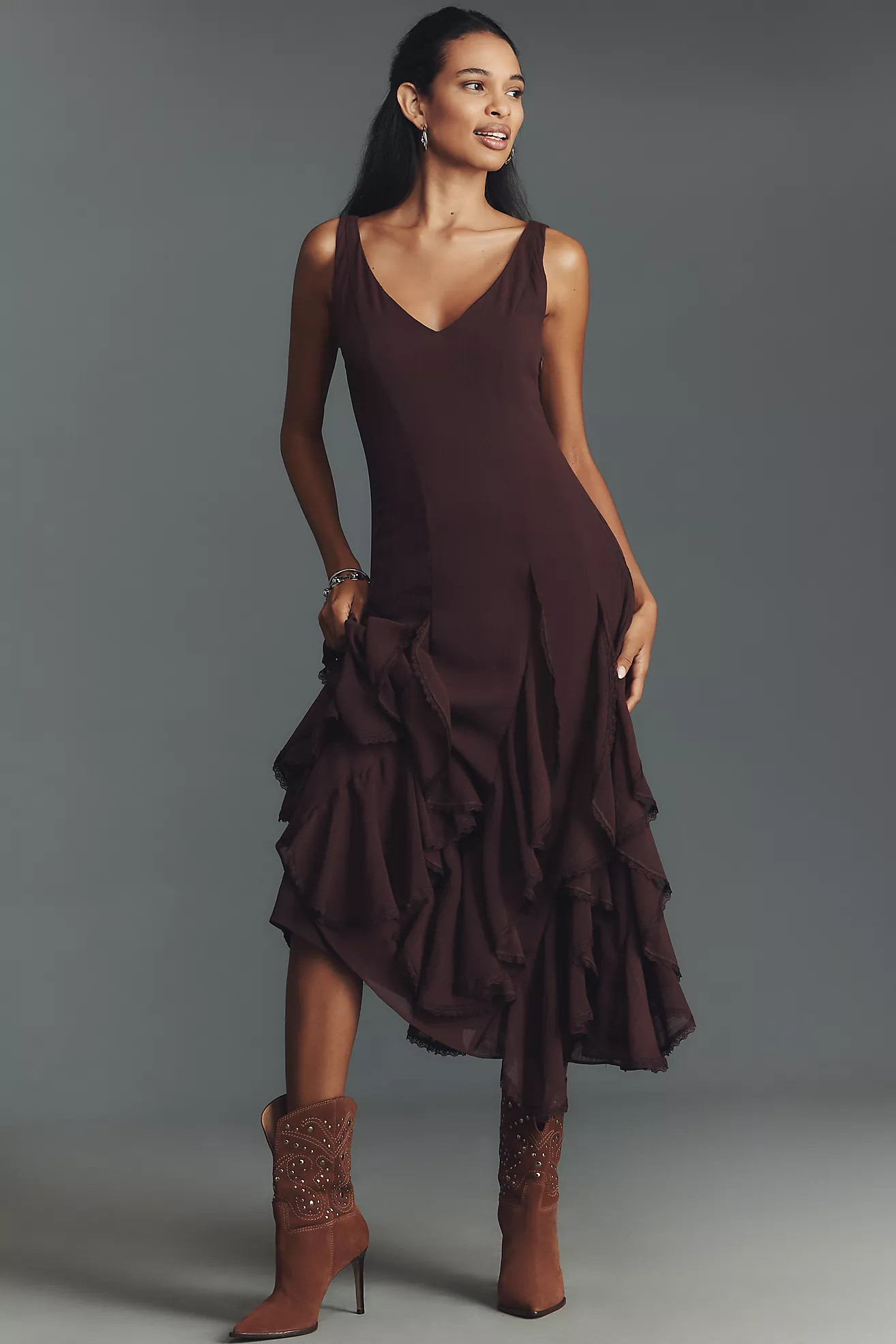 ASTR The Label Philomene V-Neck Ruffled Midi Dress | Anthropologie (US)