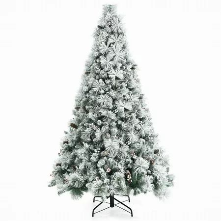 8 Feet Snow Flocked Christmas Tree with Pine Cone and Red Berries | Walmart (US)