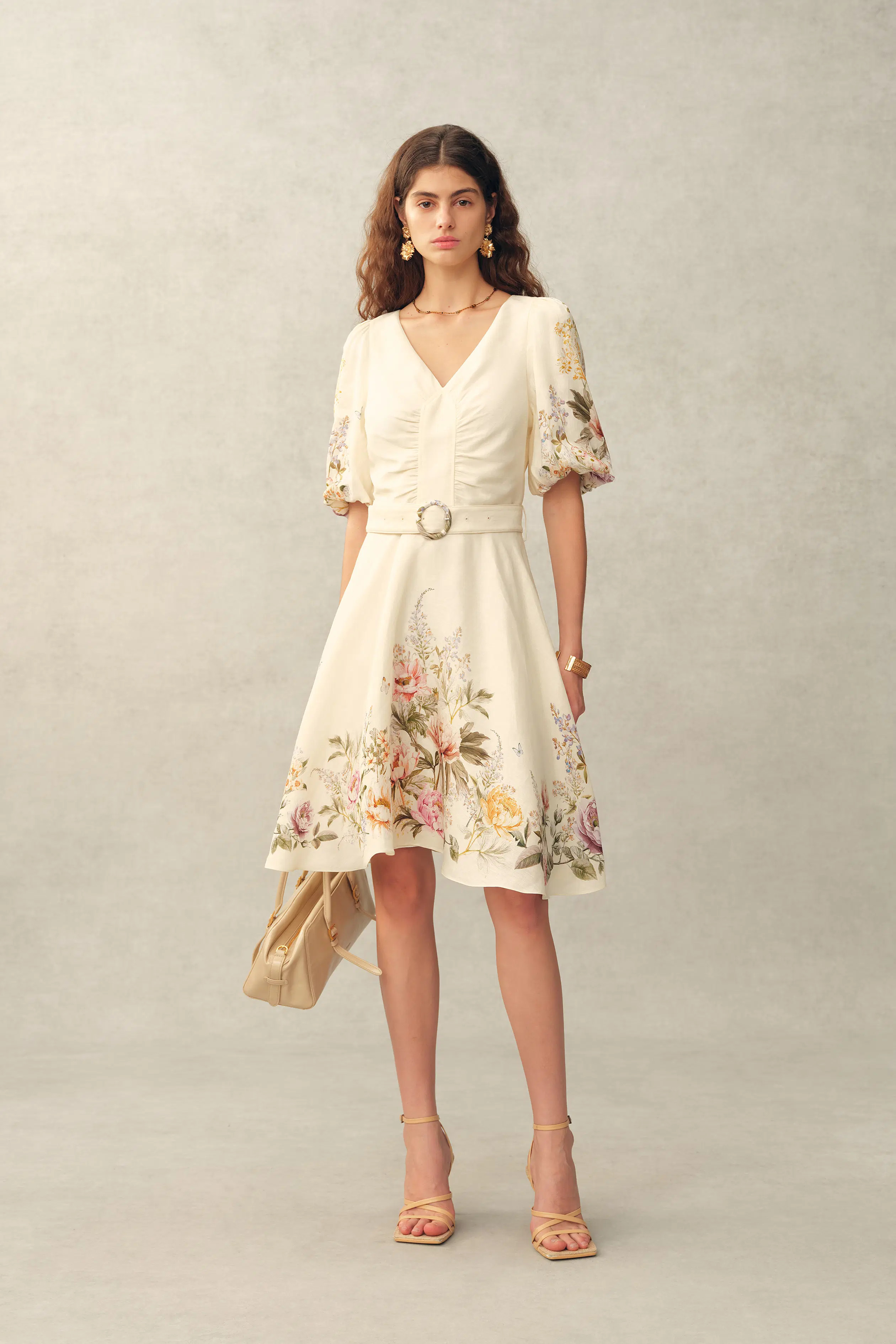 Eve Handpainted Floral Belted Puff Sleeves Dress in Silk Linen Blend | Fabrique