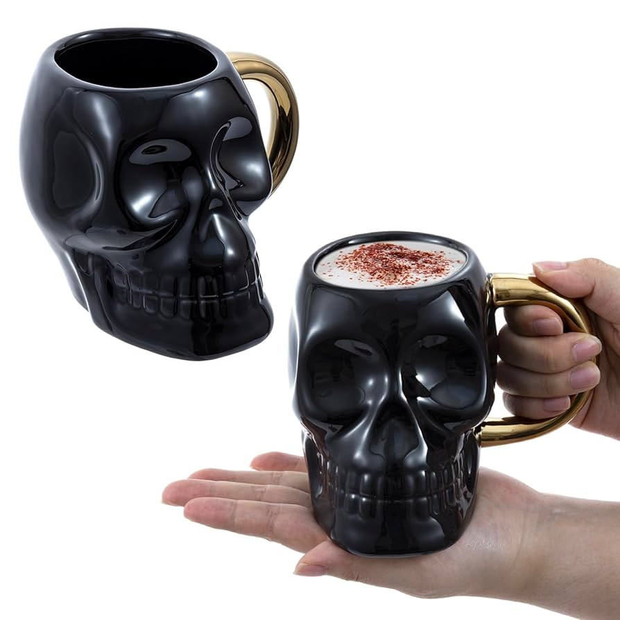 MyGift Set of 2 Skull Mug with Handles, Gothic Novelty Drinkware Skull Black Glazed Ceramic Mugs ... | Amazon (US)