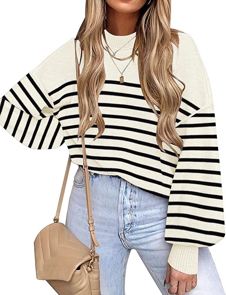 ETCYY Womens Striped Sweaters Fall 2022 Batwing Long Sleeve Side Slit Oversized Crew Neck Knit Pu... | Amazon (US)