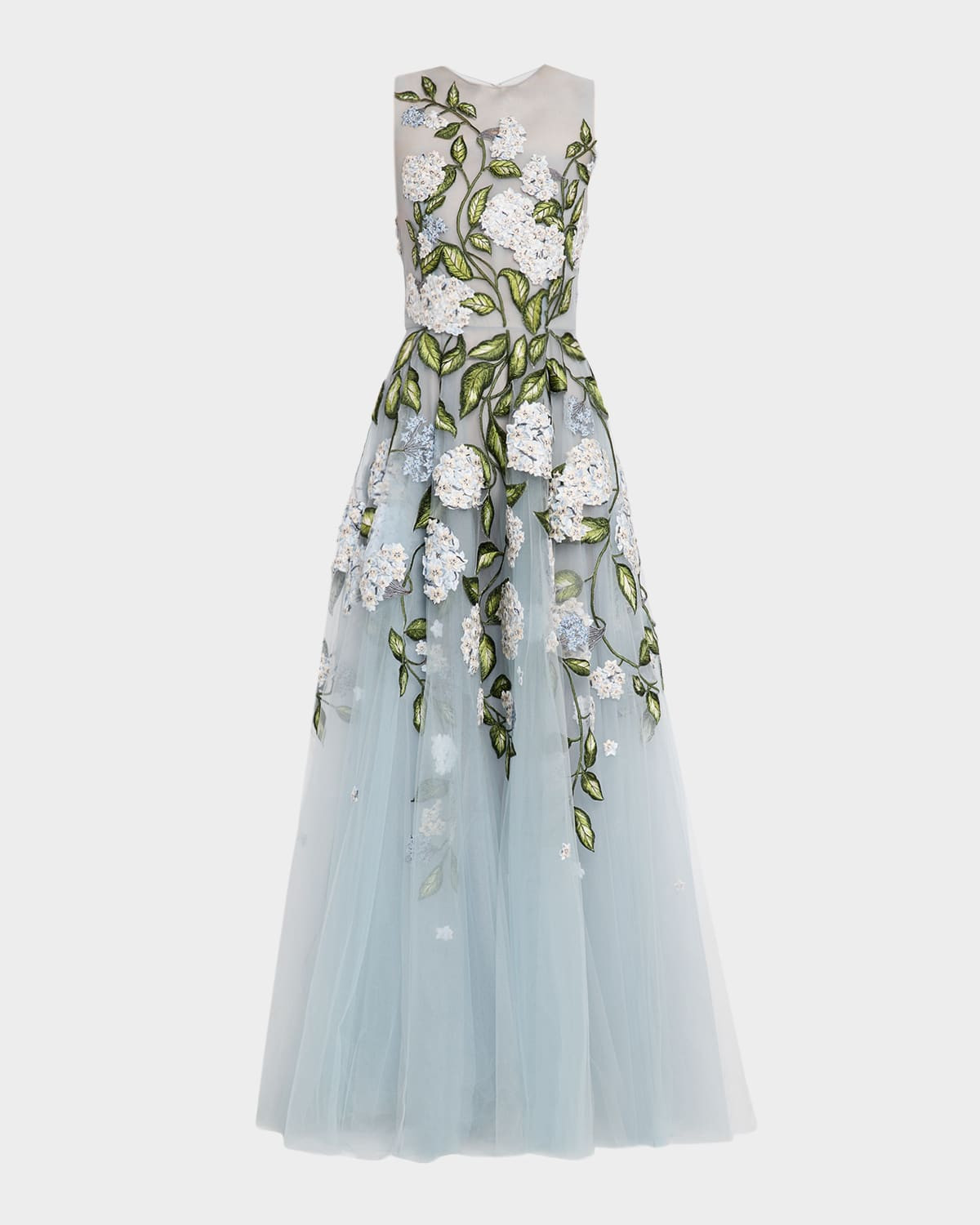 Sleeveless Porcelain Flower Embroidered Tulle Gown | Neiman Marcus