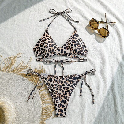 Women Leopard Print Sexy Lace-Up Bikini Swimwear Set, For Summer Beach Vacation | SHEIN