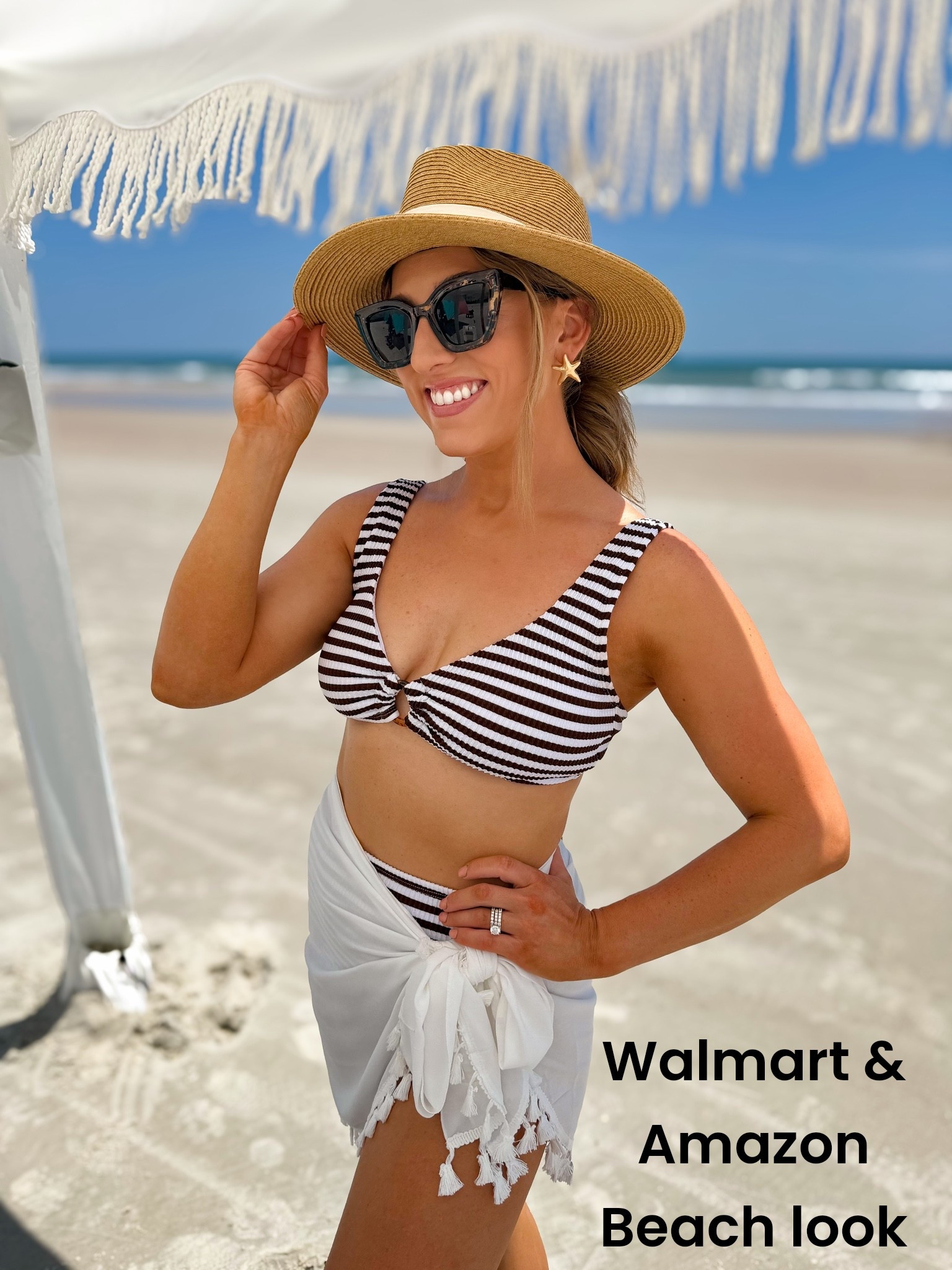The easiest beach outfit that looks put together without even trying. 🤎 This Walmart swimsuit is such a good find and it’s on sale! I love the textured fabric, flattering fit, and classic stripe print. I finished the look with my favorite Amazon sarong, wide-brim hat, and sunnies for an effortless beach day outfit that’s perfect for vacations, pool days, and long walks on the beach.

If you’re packing for a beach trip, don’t skip this swimsuit—it looks so much more expensive than it is!

#walmartfashion #walmartfinds #walmartswim #swimwear #beachstyle #beachoutfit #vacationstyle #vacationoutfit #poolstyle #amazonfinds #amazonfashion #summerstyle #coastalstyle #beachvacation #affordablefashion #resortwear #momstyle #vacationessentials #ootd #styleinspo

#LTKootd #LTKSwim #LTKSaleAlert