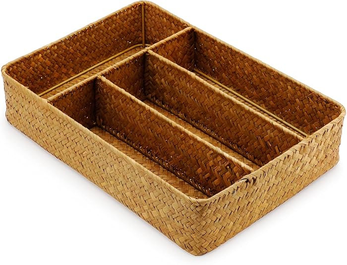 Seagrass Storage Basket with Compartments Utensil Tray for Organization Silverware Flatware Recta... | Amazon (US)