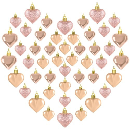 48PCS Valentines Day Heart Ornaments, Rosegold Shaped Ornaments, 2 Sizes Hanging Decorations, Glossy Baubles for Valentine's Day Wedding Anniversary Party Decor | Amazon (US)