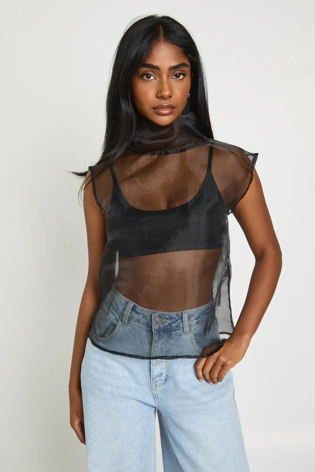 Black Organza Funnel Neck Sleeveless Blouse | Boohoo | Boohoo.com (UK & IE)