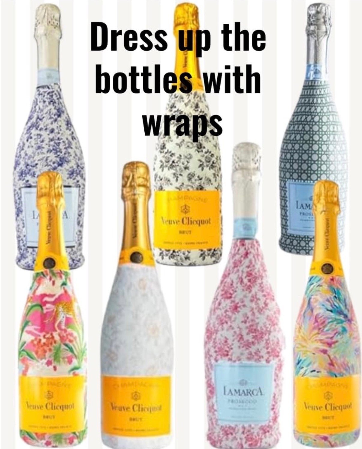 Decorative champagne and prosecco bottle wraps that instantly dress up bottles for hostess gifts, girls trips, birthdays, bridal showers, bachelorette parties, graduations, holidays, and celebrations. Floral, toile, tropical, and patterned bottle covers that turn wine and champagne bottles into cute giftable party decor with an elevated custom look.

#LTKWedding #LTKHome