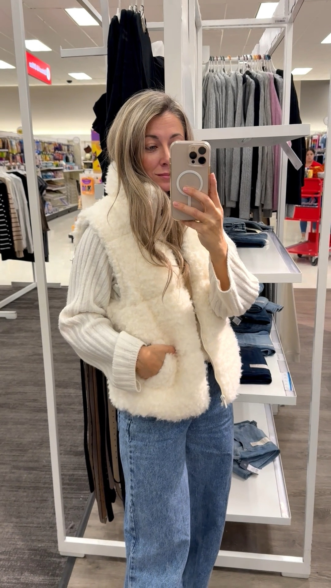 Oh my gosh this Universal Thread shearling cream vest from Target is just outstanding! This can be styled so many ways! It has working pockets and is super super soft and cozy! Wearing an XS. 

#LTKootd #LTKPetite #LTKOver40