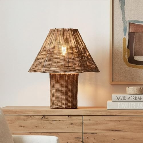 Brightech Leon Rattan 13" Table Lamp - Natural Woven Wicker Accent Lamp with Warm White LED Bulb, Small Boho Lamp for Living Room, Coastal Nightstand Light, Rustic Home Decor, Farmhouse Bedroom | Amazon (US)