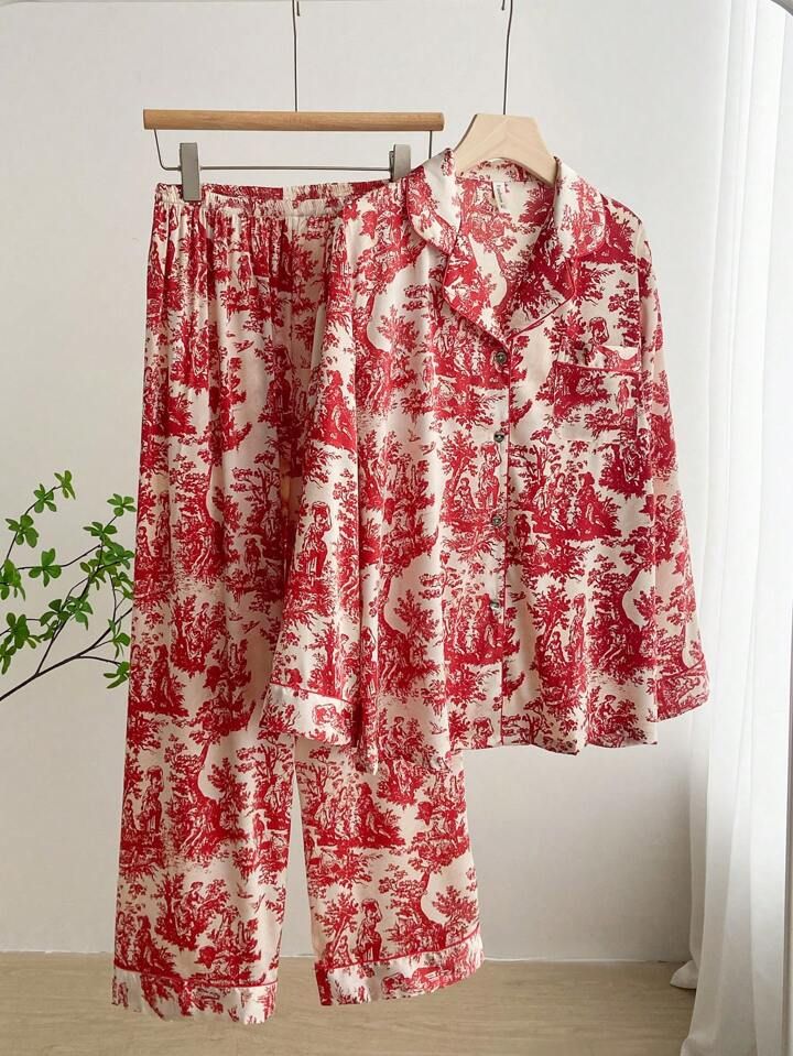 2pcs/Set Ladies' Simple Mandarin Collar Long Sleeve Ice Silk Sleepwear With Ink Painting Style Pr... | SHEIN