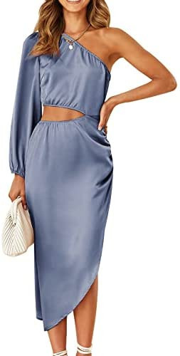 PRETTYGARDEN Women's 2023 Spring Satin Midi Dress One Shoulder Long Sleeve Cutout Split Bodycon C... | Amazon (US)