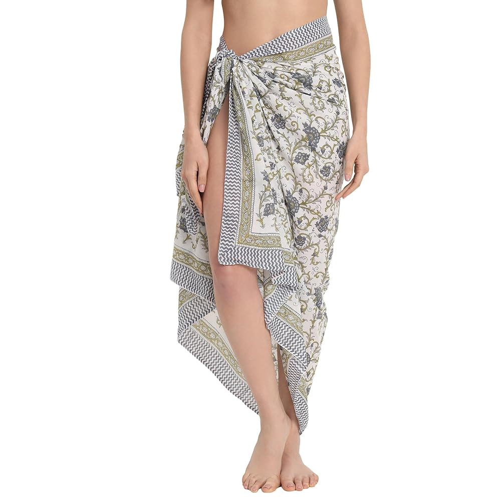 Cotton Block Print Long Beach Sarong Pareo Swimsuit Cover Ups Women Wrap | Amazon (US)