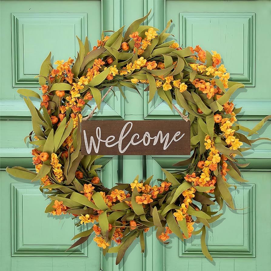 DIYFLORU Welcome Fall Wreath 20 inch Autumn Wreaths for Front Door Eucalyptus Fall Wreath with Wh... | Amazon (US)