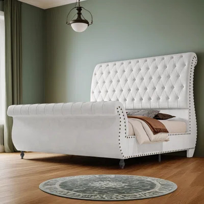 Fallan Velvet Sleigh Bed with Tall Tufted Headboard, Nailhead Trim, Upholstered Platform Frame | Wayfair North America