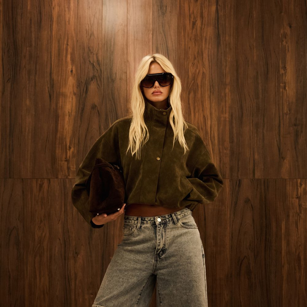 Funnel Neck Washed Jacket In Brown Faux Leather | EGO (UK)