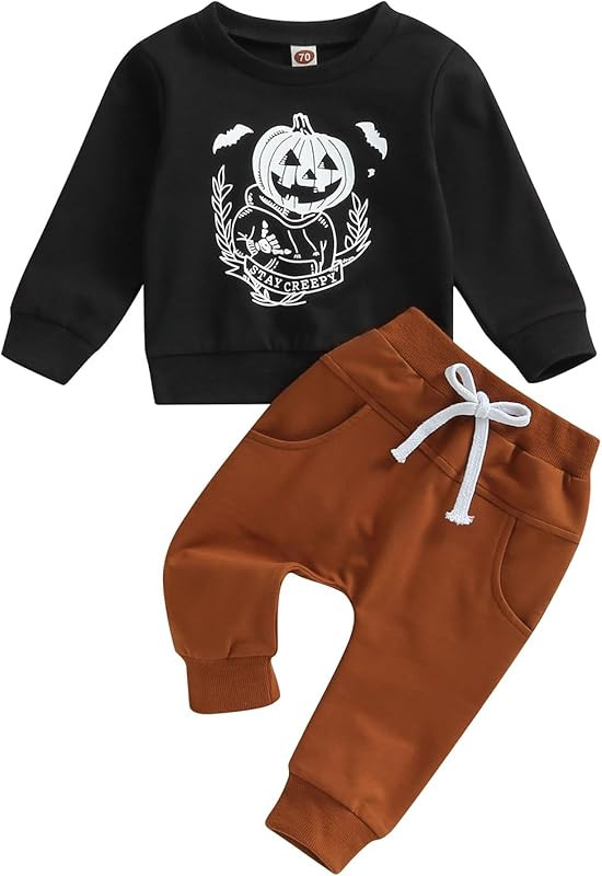 BOIBOKOKO Baby Boy Halloween Outfit Pumpkins Long Sleeve Sweatshirt Top Ghost Flower Pants 2PCS F... | Amazon (US)
