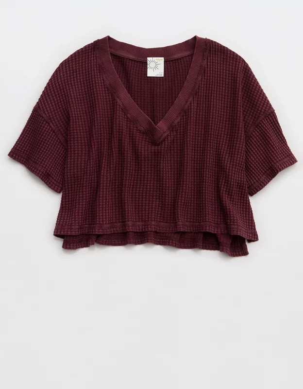 OFFLINE By Aerie Wow! Waffle V Neck Cropped Relaxed Short Sleeve T-Shirt | Aerie