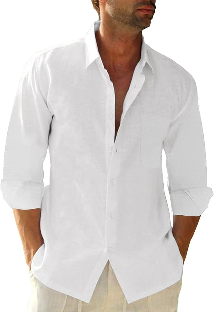 Button Down Linen Shirts for Men Casual Long Sleeve Regular Fit Cotton Beach Shirts with Pocket | Amazon (US)