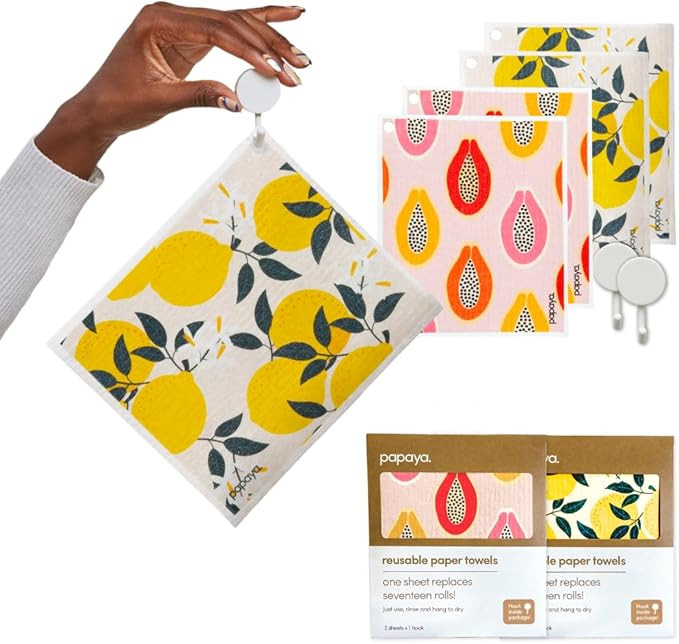 Papaya Reusable Paper Towels 4-Pack - 4 Sheets + 2 Hooks, Quick Drying, No Odor, 1 Sheet Replaces... | Amazon (US)