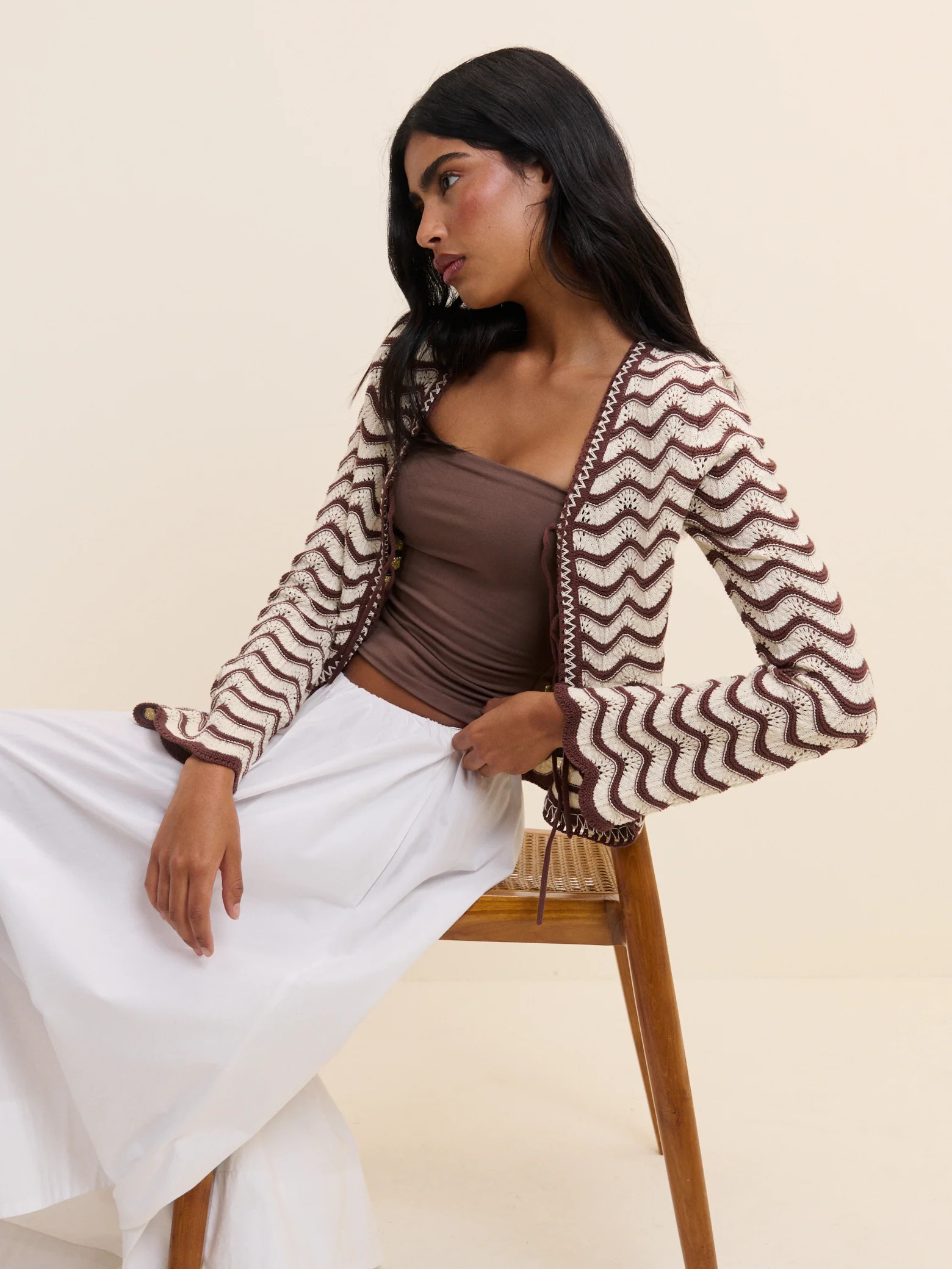 Cream and Brown Pointelle Knit Cardigan | Nobody's Child