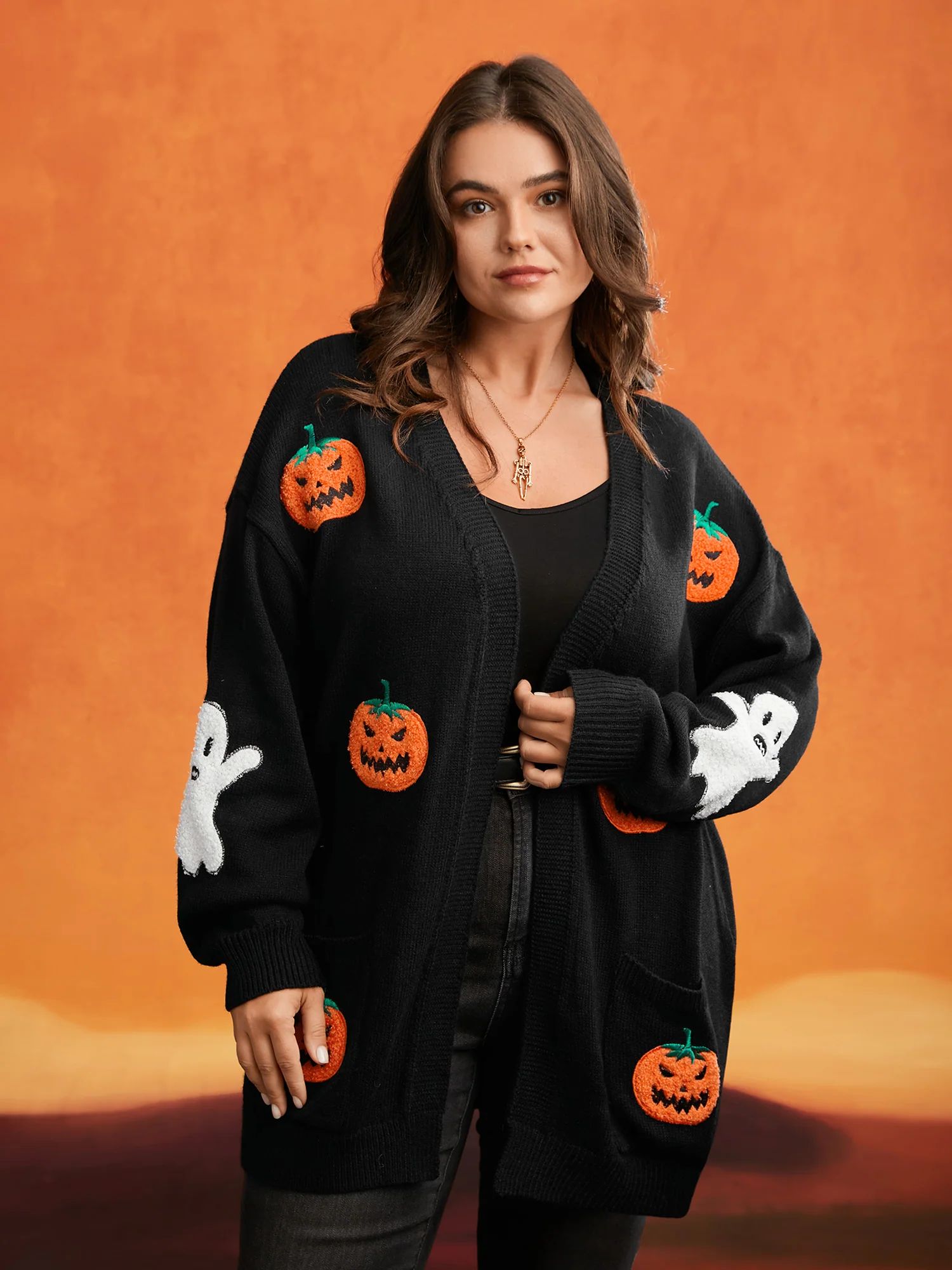 Pumpkin Ghost Embroidery Open Cardigan | Bloomchic