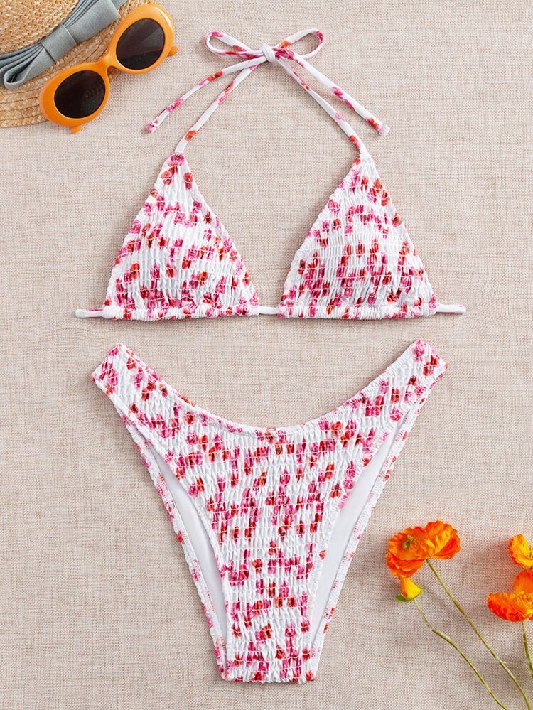 Floral Smocked Triangle Bikini Swimsuit | SHEIN
