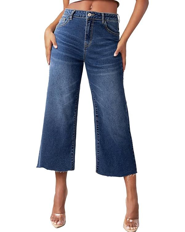 Sidefeel Womens Capri Jeans High Waisted Cropped Jeans Stretchy Straight Wide Leg Denim Pants Fal... | Amazon (US)