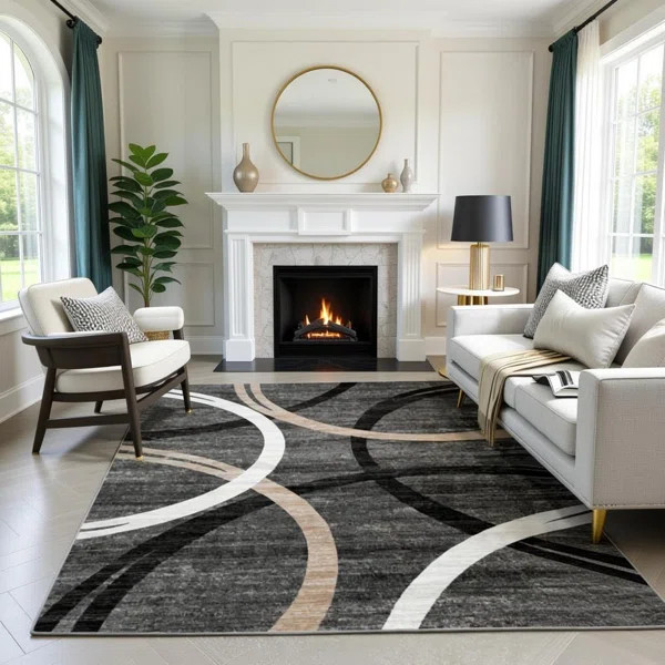 Modern Wave Curve Machine Washable Area Rug in Black | Wayfair North America