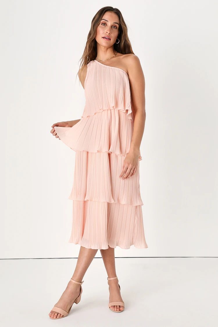 Vision of Spring Blush Plisse One-Shoulder Tiered Midi Dress | Lulus (US)