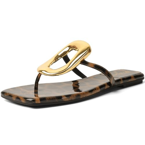 GOUPSKY Leopard Women's Flip Flops Flat Sandals - Square Toe Slip On Summer Shoes Comfortable Thong Sandals With Gold Buckle Decoration Size 9.5 | Amazon (US)