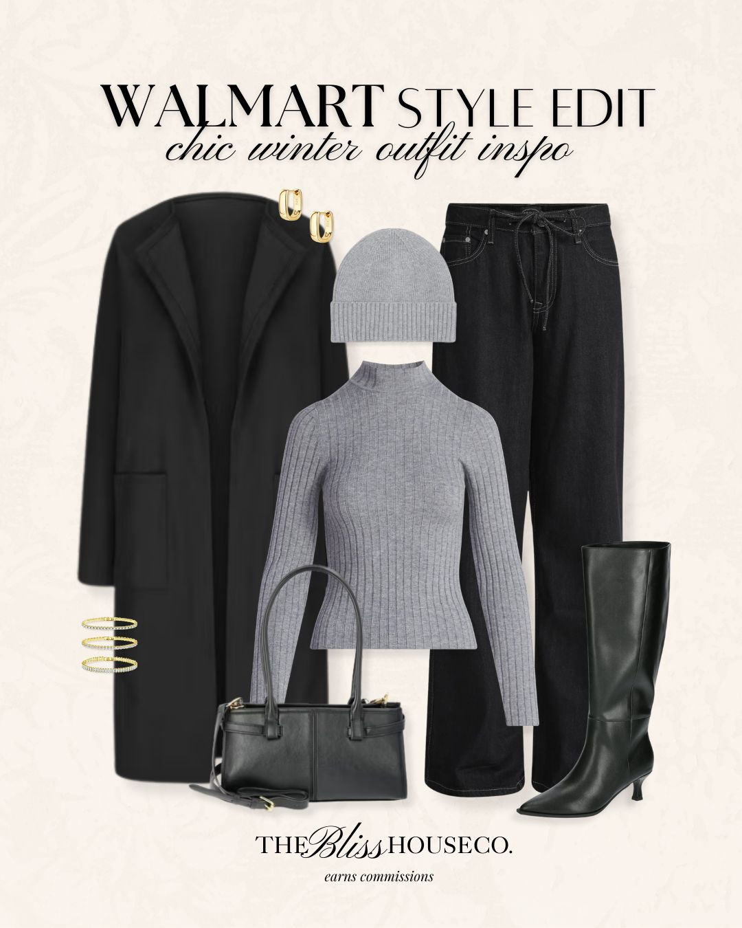 Chic winter outfit inspo from Walmart! Wool coat, grey turtleneck sweater, tie jeans, black knee high boots, affordable fashion, luxury look for less, winter style, cold weather fashion, Walmart fashion. 

 #LTKootd #LTKSeasonal #LTKFindsUnder50