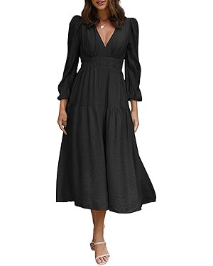 R.Vivimos Womens Casual Long Sleeve Midi Dress Deep V Neck Elastic Waist A-Line Tiered Flowy Eleg... | Amazon (US)