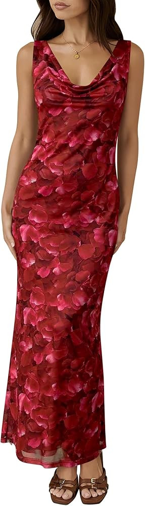Sarin Mathews Women Wedding Guest Dress Elegant Bodycon Maxi Cocktail Formal Sleeveless Cowl Neck... | Amazon (US)