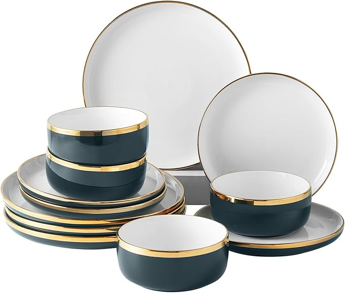 Porcelain Dinnerware Sets, 12 Piece Luxury China Plates and Bowls Sets, Green Dishes Set Gold Rim... | Amazon (US)