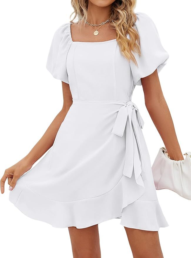 SAMPEEL Womens Square Neck Puff Sleeve Dresses Casual Summer Tie Waist Dress | Amazon (US)