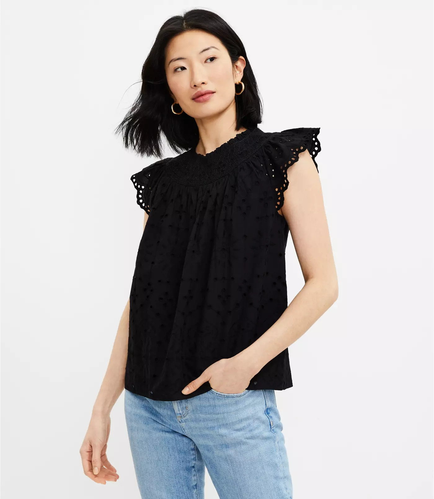 Eyelet Smocked Neck Top | LOFT | LOFT